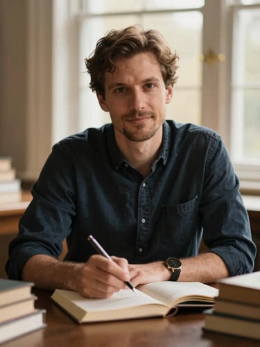 Warm environmental portrait of a Christian author in his study, surrounded by books, holding a pen, soft natural window light, 35mm, shallow depth of field