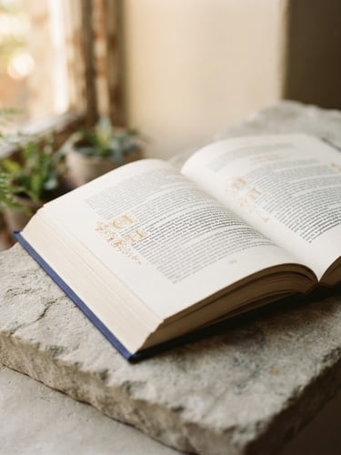 Photorealistic book mockup resting on a natural light grey stone surface, warm natural window light with soft shadows, deep ink tones and golden amber accents, shallow depth of field, 35mm