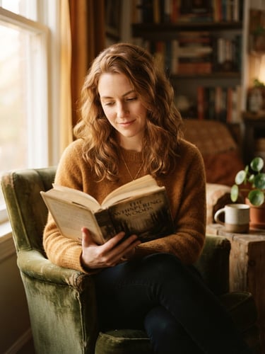 Warm editorial portrait of a reader in a soft-lit room holding an open book, warm window light, 35mm, shallow depth of field