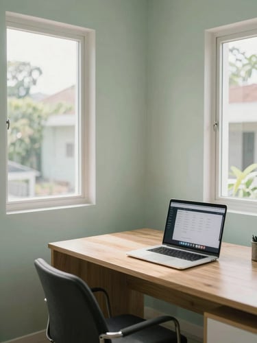 A clean modern village office interior with soft morning light filtering through windows, a wooden desk with a laptop displaying a clean interface, minimal Indonesian aesthetic, 35mm