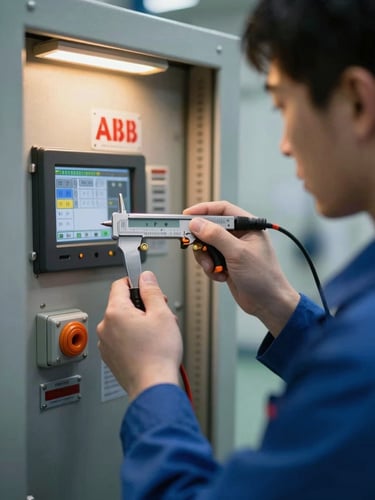 Hands of a technician in safety gear holding a calibration tool near an ABB control panel showing diagnostic codes, industrial lighting, sharp focus