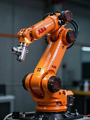 Close-up of a clean orange ABB robotic arm joint, high-contrast industrial lighting, dramatic rim light on metallic surfaces, 35mm lens