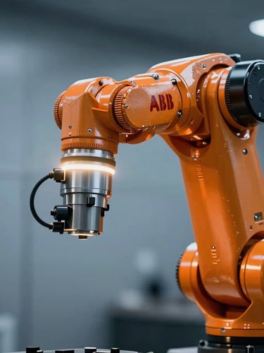 Extreme close-up of an ABB robotic arm joint, dramatic rim lighting on orange metallic casing, cool metallic background, sharp focus, 35mm lens