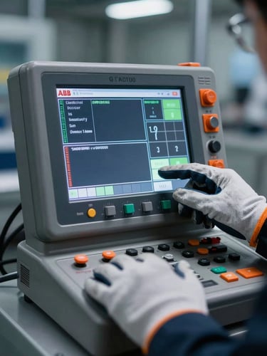 Close-up of an ABB teach pendant controller screen showing diagnostic status codes, technician hand in safety glove adjusting settings, cool-toned industrial lighting