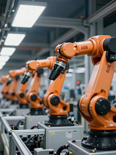Wide-angle shot of a clean automotive assembly line, ABB robots operating in sequence, cool metallic tones, sharp focus, 35mm lens.