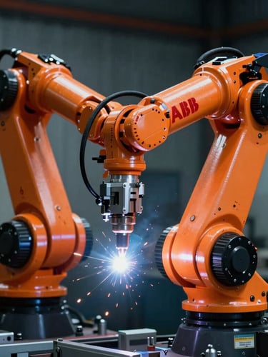 Close-up of an orange ABB industrial robotic arm performing high-precision welding, dramatic rim lighting on metallic joints, cool dark factory background, 35mm lens