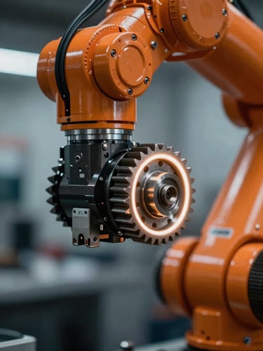 Macro close-up of an ABB robotic arm joint, orange cabling, metallic gear teeth, dramatic rim lighting on dark steel, sharp focus, industrial photography.