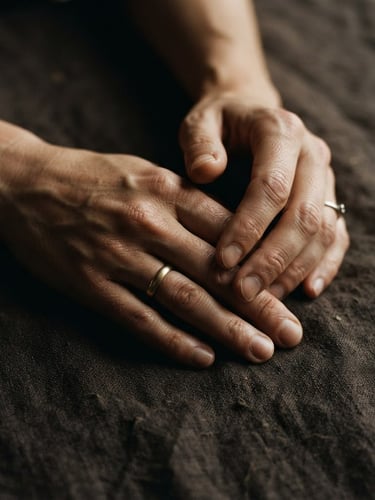 A close-up of hands resting on dark raw linen under low-key side-lighting, soft shadows, moody editorial 35mm film