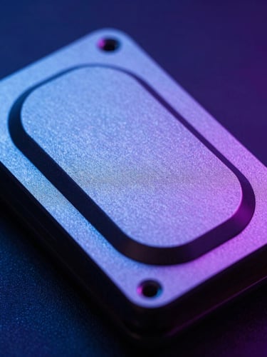 Macro close-up of secure hardware security module, metallic surfaces reflecting cool blue and deep purple ambient backlighting, sharp focus, medium format.