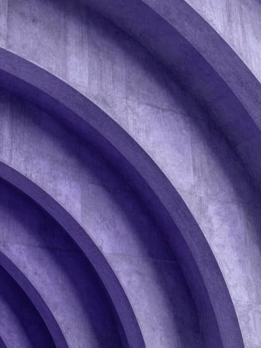 Macro photograph of clean architectural concrete arches under cool studio light with subtle violet backlighting, sharp focus