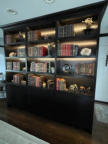 Custom black built-in bookcase with illuminated shelves and lower cabinets in a Monmouth County, NJ 