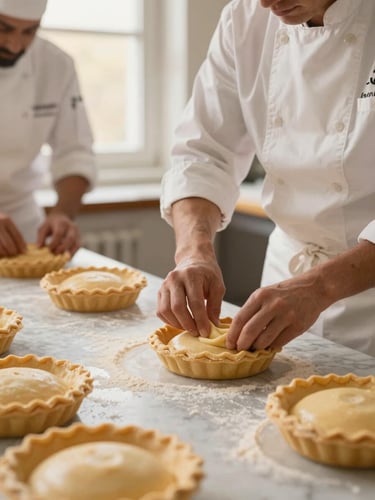 Medium shot of professional bakers in clean white uniforms hand-crimping pie dough on a flour-dusted marble table, warm morning window light
