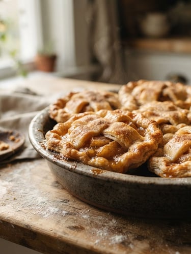 Warm editorial food photography of golden-brown pies fresh from the oven, soft morning window light, rich golden tones, shallow depth of field, 35mm