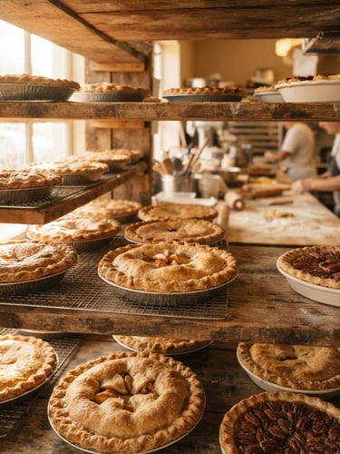 Warm natural morning light illuminating golden-brown pies cooling on rustic wooden shelves in our Kissimmee commercial kitchen, shallow depth of field, 35mm