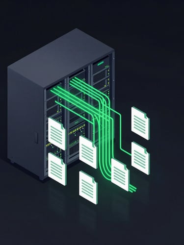 High-contrast digital rendering of an isometric server rack pipeline with neon green data streams flowing into structured document nodes, dark background.