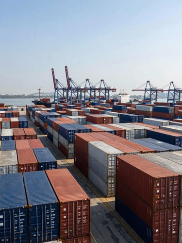 Wide panoramic view of a major container port at midday, rows of stacked steel shipping containers in deep navy and rust red filling the right two-thirds of the frame, a container ship docked at the far quay, clear sky above, industrial cranes visible at the horizon