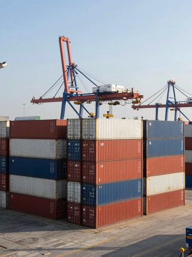 Panoramic view of an active container port at midday, rows of sealed shipping containers stacked three high on the quayside, a gantry crane visible above, clear industrial daylight, no people in foreground