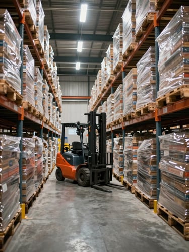 Wide interior shot of an active warehouse, palletised goods stacked in deep rows under high-bay lighting, a forklift in mid-aisle, concrete floor, no people in foreground, industrial scale evident