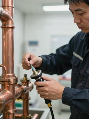 Close-up of a professional technician in a dark navy uniform pressure-testing a copper manifold installation in a brightly lit utility room.