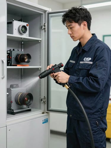 Crisp, bright photo of a professional technician in a branded navy uniform operating a high-pressure line jetting system inside a utility room.