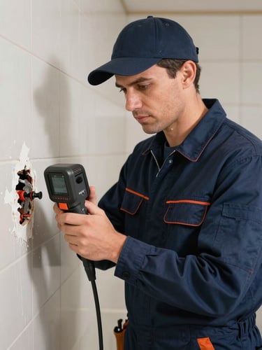A professional plumber in a navy blue uniform using a thermal imaging camera to detect water leaks behind a tiled wall