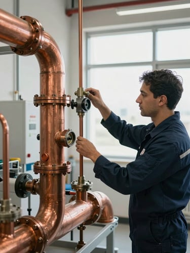 Crisp industrial shot of a technician in a navy blue uniform adjusting a heavy-duty copper manifold installation inside a modern Dubai utility room, bright natural lighting.