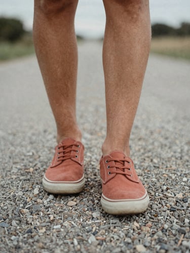 Low-angle foot-level shot of double-stitched canvas shoes walking on a gravel path, soft overcast morning light, desaturated terracotta tones, 35mm film look