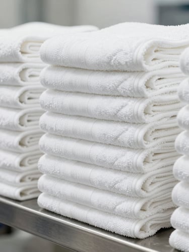 Stacks of neatly folded white cotton bath towels on a clean steel shelf inside a bright, modern production facility, daylight