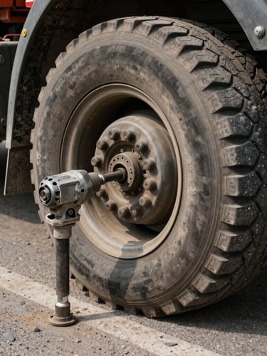 Close-up gritty documentary photo of heavy-duty impact wrench changing a massive truck tire on a dusty road shoulder, sharp focus, 35mm