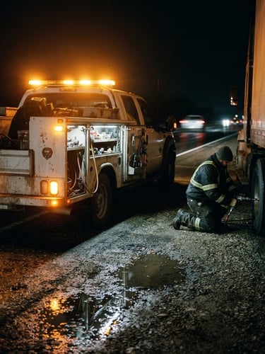 Gritty documentary photography of a heavy-duty mobile tire repair truck on a dark highway shoulder at night, bright amber emergency strobe lights reflecting on wet asphalt, sharp focus, 35mm
