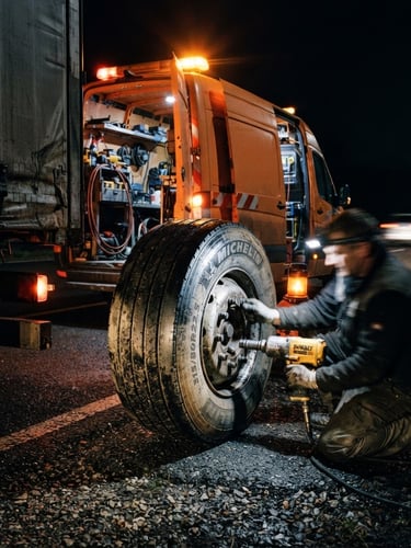 Close-up of a high-visibility orange mobile workshop van parked on a dark highway shoulder at night, emergency strobe lights casting a bright glow on a massive truck tire, 35mm gritty documentary style.