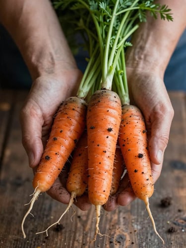 Close-up of farmer's hands holding soil-dusted heirloom carrots in soft, directional morning light, rustic wood background, Scandinavian aesthetic.