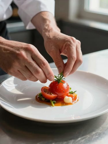 A chef's hands carefully plating a delicate heirloom tomato dish, soft natural window light casting gentle shadows, stainless steel prep table in the background, close-up shot.