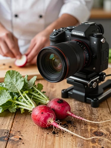 A close-up shot of a camera rig positioned over a rustic wooden prep table, soft Scandinavian natural daylight illuminating fresh heirloom radishes with soil on them and a chef's hands prepping in the background