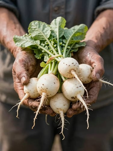 A close-up shot of a farmer's dirt-stained hands holding a bunch of freshly harvested heritage radishes in soft, directional natural daylight.