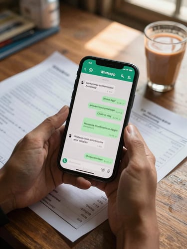 Close-up overhead shot of two hands holding an Android phone showing a WhatsApp conversation with marketing analytics screenshots shared inline — the phone rests on a wooden desk scattered with printed order receipts and a chai glass, warm daylight from a nearby window casting soft shadows, Indian market context visible in the blurred background