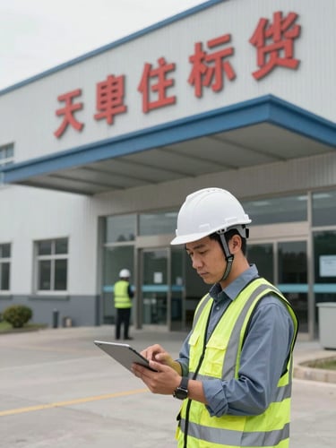 Environmental wide shot of a facilities manager in a hard hat reviewing a tablet at a large commercial building entrance, natural overcast daylight, the building facade and signage visible in background, a second worker visible mid-distance, candid working atmosphere