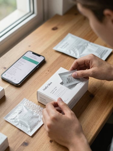 Overhead close-up of hands packaging a skincare product into a branded box on a wooden table, a phone nearby showing a Shopify orders dashboard with a spike in daily orders, natural daylight from a window to the left, product labels and bubble wrap visible