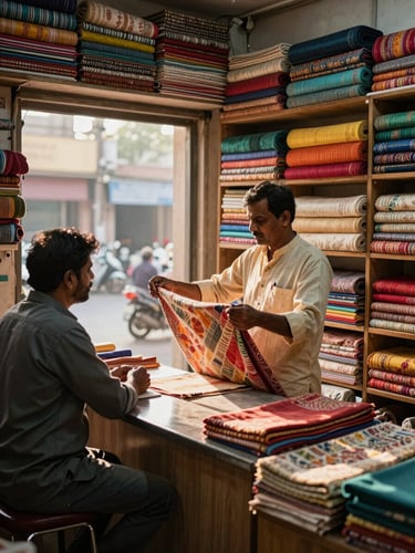 Wide shot inside a colourful Indian textile shop, a shopkeeper in a kurta holding up a bolt of fabric toward a customer across the counter, warm golden afternoon light through a street-facing window, rolls of fabric stacked floor to ceiling, natural busy atmosphere