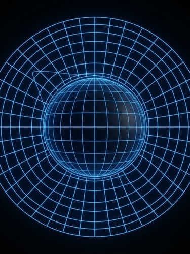 Orthographic projection of a gravitational field grid over a dark sphere, glowing electric blue vector lines on a deep obsidian background, sharp technical precision