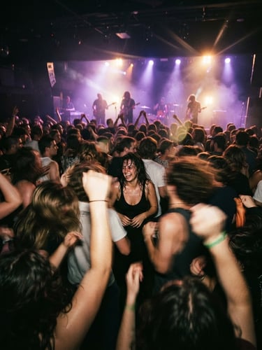 Dynamic wide-angle crowd shot of a packed dance floor under dramatic violet and amber stage lighting, motion blur, lens flares, low-light, high-contrast.