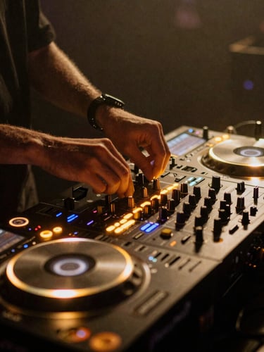 Close-up of professional DJ decks and mixer, clean setup, neon amber glow, hands on controls, low-light, high-contrast.