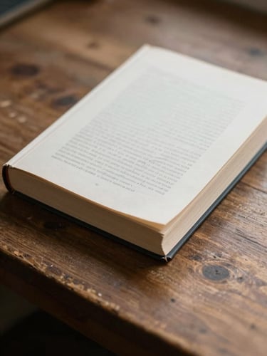 Overhead view of a closed hardcover book resting on a worn timber desk, soft diffuse north-facing daylight, a single folded manuscript page visible beneath the spine, muted warm tones