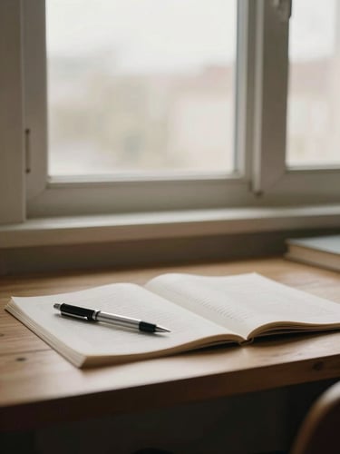 Medium-distance view of a quiet interior writing desk by a window, manuscript pages spread across the surface, a pen resting diagonally, diffuse overcast daylight, muted warm cream tones, no figures present