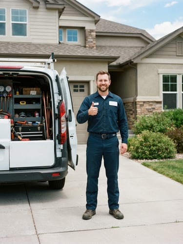 Professional HVAC technician in uniform, smiling and giving a thumbs up next to a clean service van parked in a residential Parker driveway, bright natural daylight, 35mm