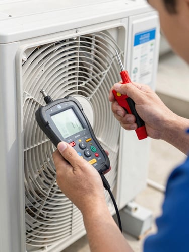 Close-up of a professional HVAC technician's hands using diagnostic tools on an outdoor AC unit, focused, clean, bright natural daylight, 35mm