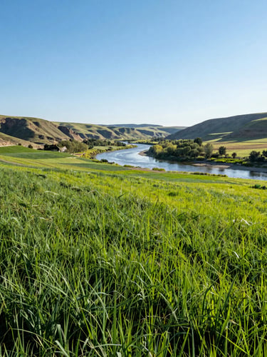 Wide environmental shot of sunlit river valley fields in Cornish Utah, crisp morning sunlight, vibrant green crops, sharp focus, 35mm lens.