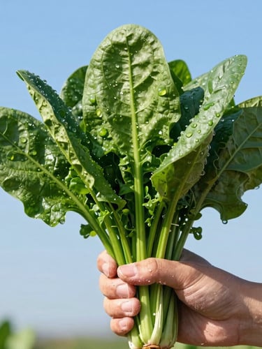 Close-up of soil-dusted hands holding a freshly harvested bunch of leafy green spinach, water droplets glistening in crisp morning sunlight, 35mm lens