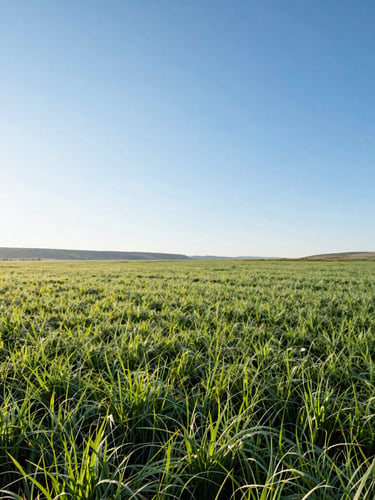 Wide panoramic shot of sunlit river valley fields in Cornish, Utah, morning dew on vibrant green crops, crisp blue sky, high-key natural morning light, 35mm lens