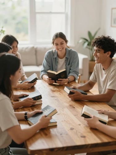 Warm editorial photography of a small group of people sitting around a wooden table in a sunlit living room, holding Bibles and laughing, soft natural daylight, shallow depth of field